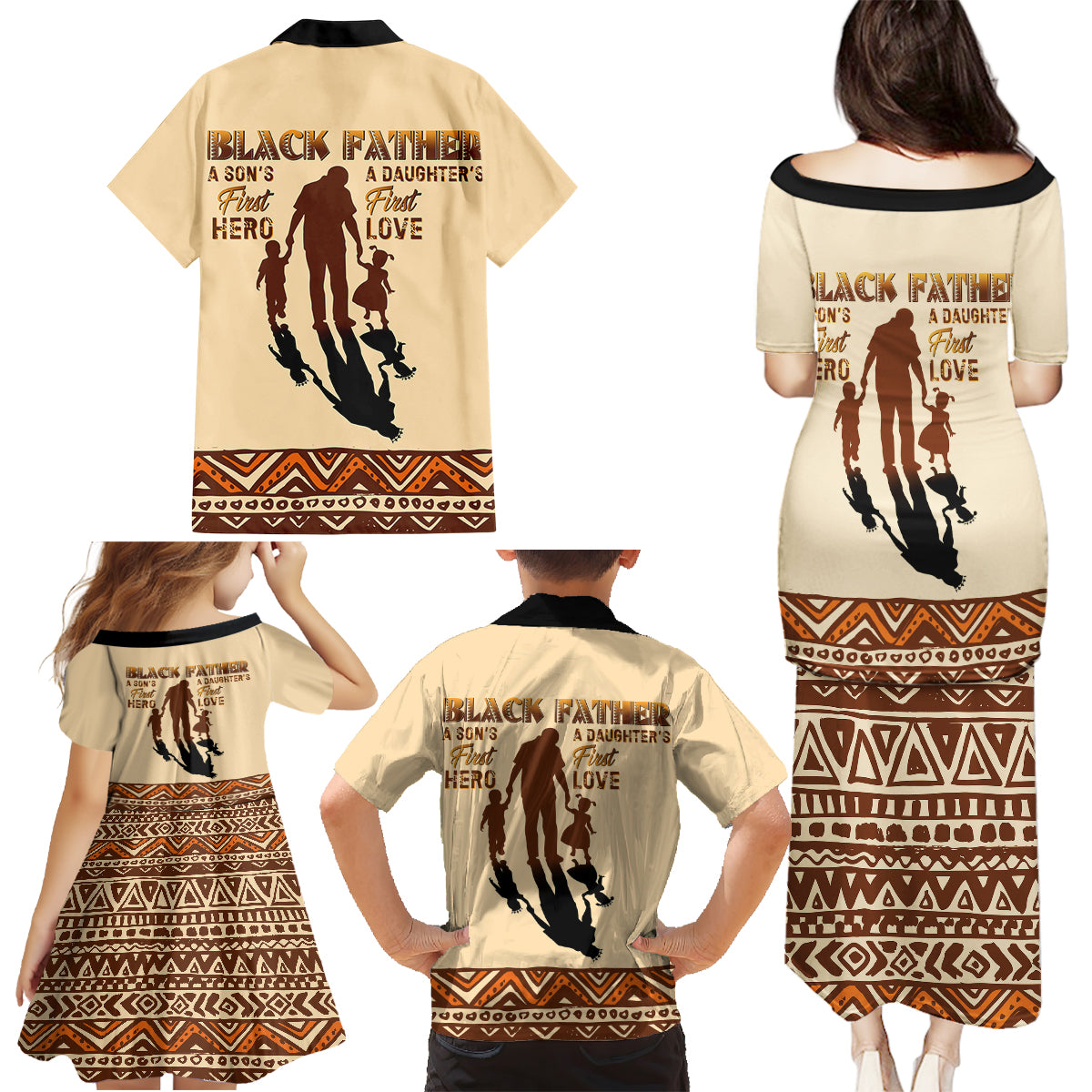 Black Father Family Matching Puletasi Dress and Hawaiian Shirt African Father with Son and Daughter - Wonder Print Shop