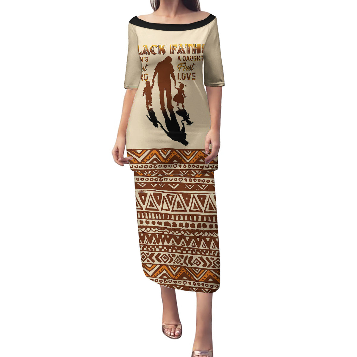Black Father Family Matching Puletasi Dress and Hawaiian Shirt African Father with Son and Daughter - Wonder Print Shop