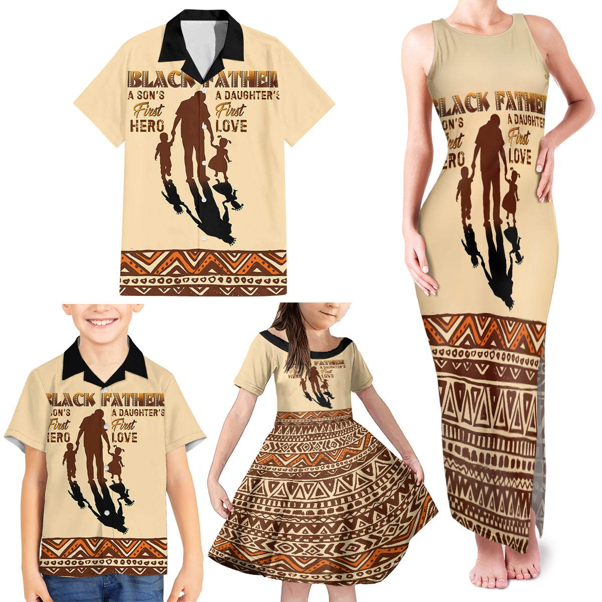 Black Father Family Matching Tank Maxi Dress and Hawaiian Shirt African Father with Son and Daughter - Wonder Print Shop