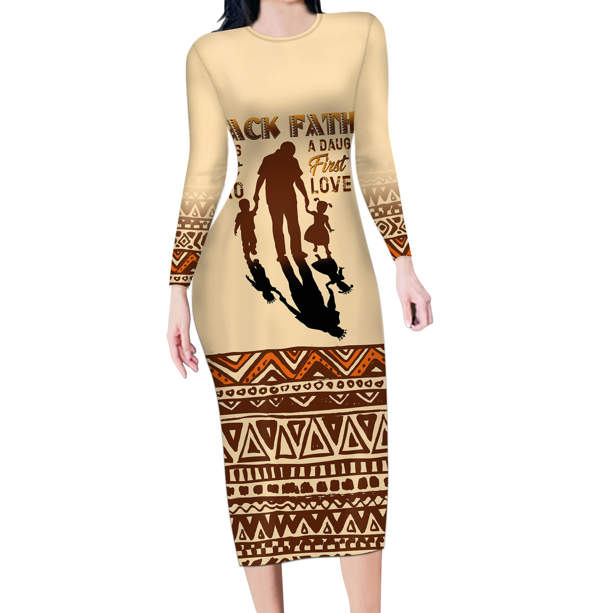 Black Father Long Sleeve Bodycon Dress African Father with Son and Daughter - Wonder Print Shop