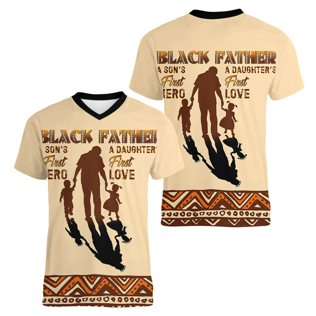 Black Father Women V Neck T Shirt African Father with Son and Daughter - Wonder Print Shop