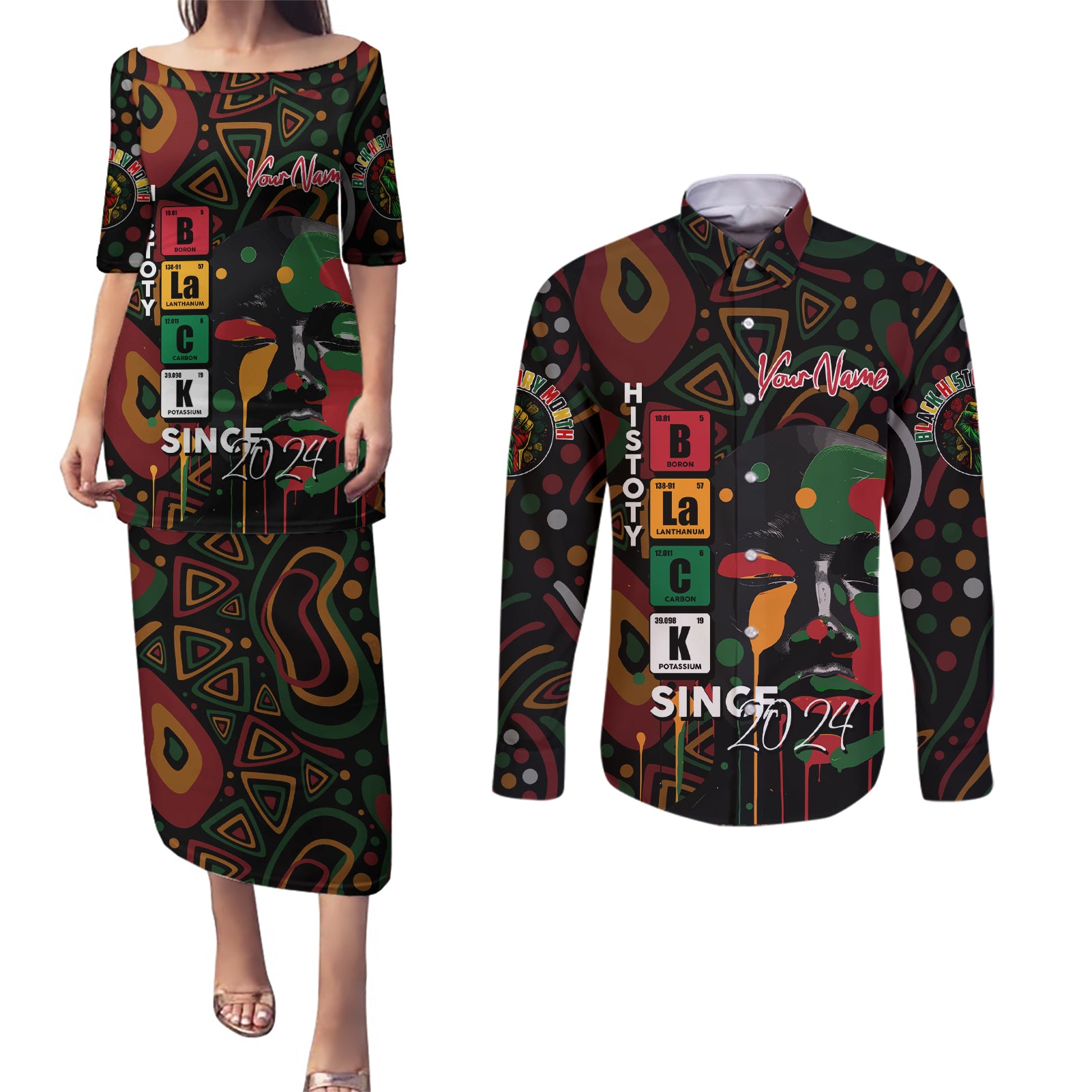 Personalized Black History Month Couples Matching Puletasi and Long Sleeve Button Shirt Since 2024 Chemistry Style - Wonder Print Shop