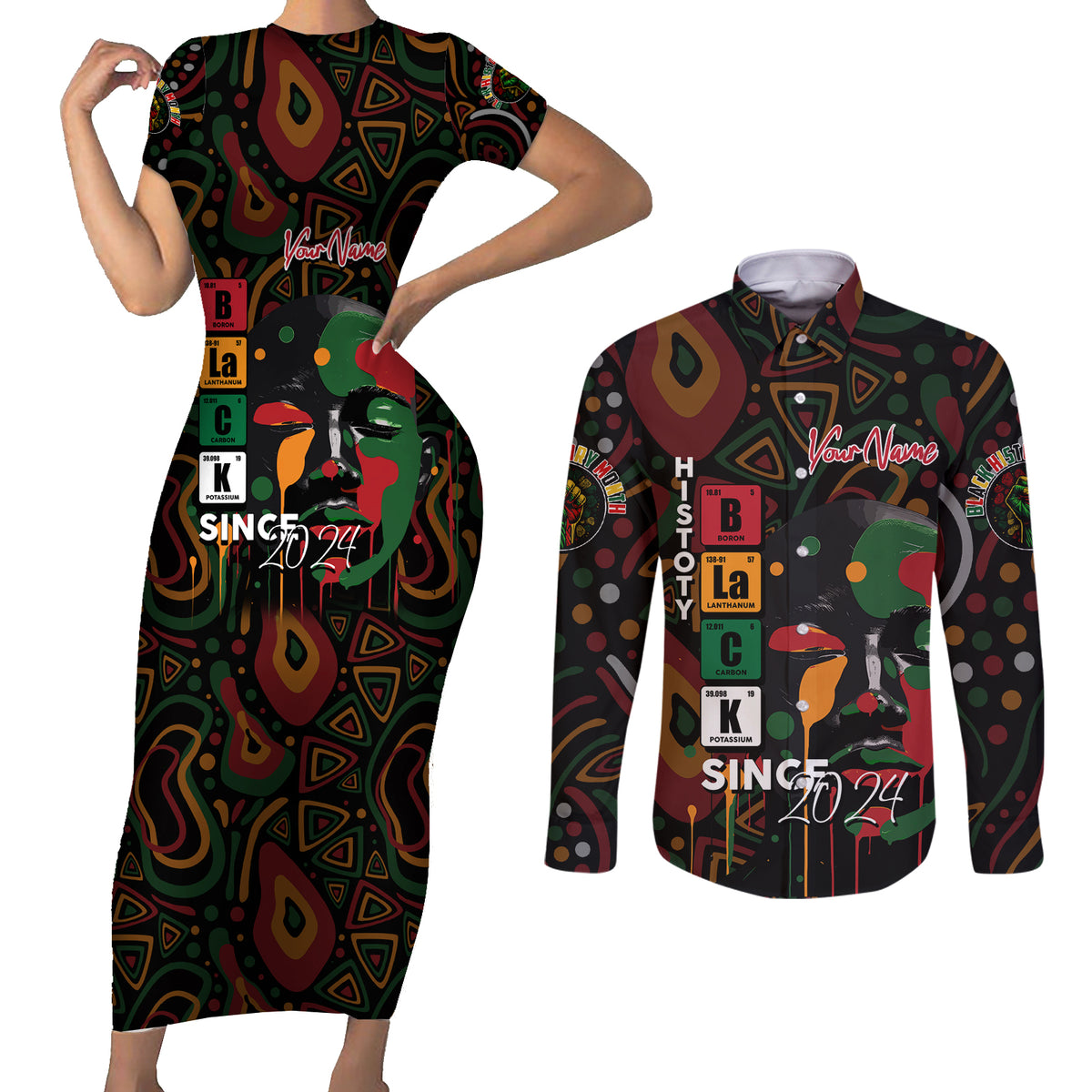 Personalized Black History Month Couples Matching Short Sleeve Bodycon Dress and Long Sleeve Button Shirt Since 2024 Chemistry Style - Wonder Print Shop