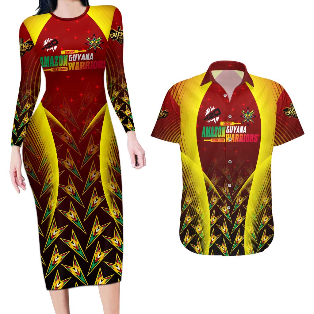Personalised Guyana Cricket Amazon Warriors Couples Matching Long Sleeve Bodycon Dress and Hawaiian Shirt Unleashing the Power Battle Mode