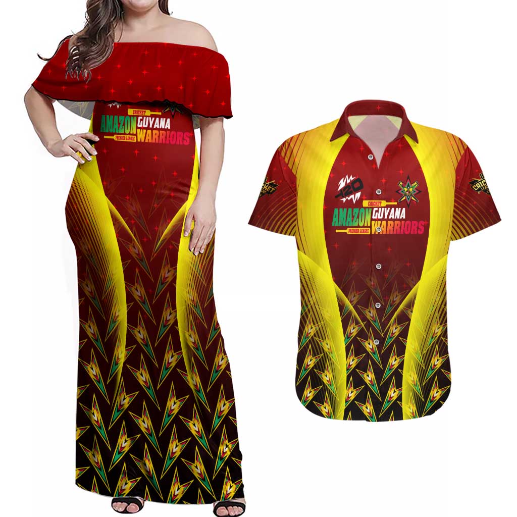 Personalised Guyana Cricket Amazon Warriors Couples Matching Off Shoulder Maxi Dress and Hawaiian Shirt Unleashing the Power Battle Mode