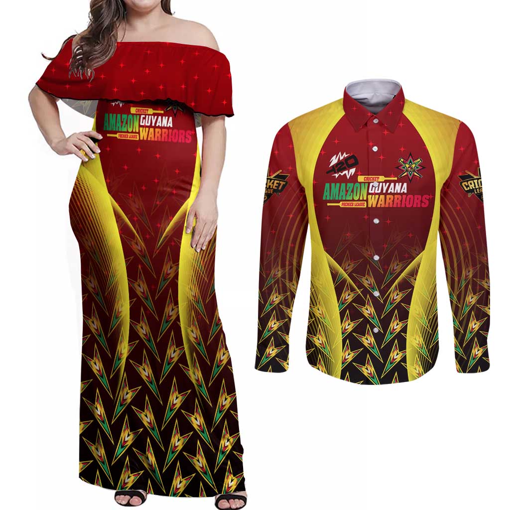 Personalised Guyana Cricket Amazon Warriors Couples Matching Off Shoulder Maxi Dress and Long Sleeve Button Shirt Unleashing the Power Battle Mode