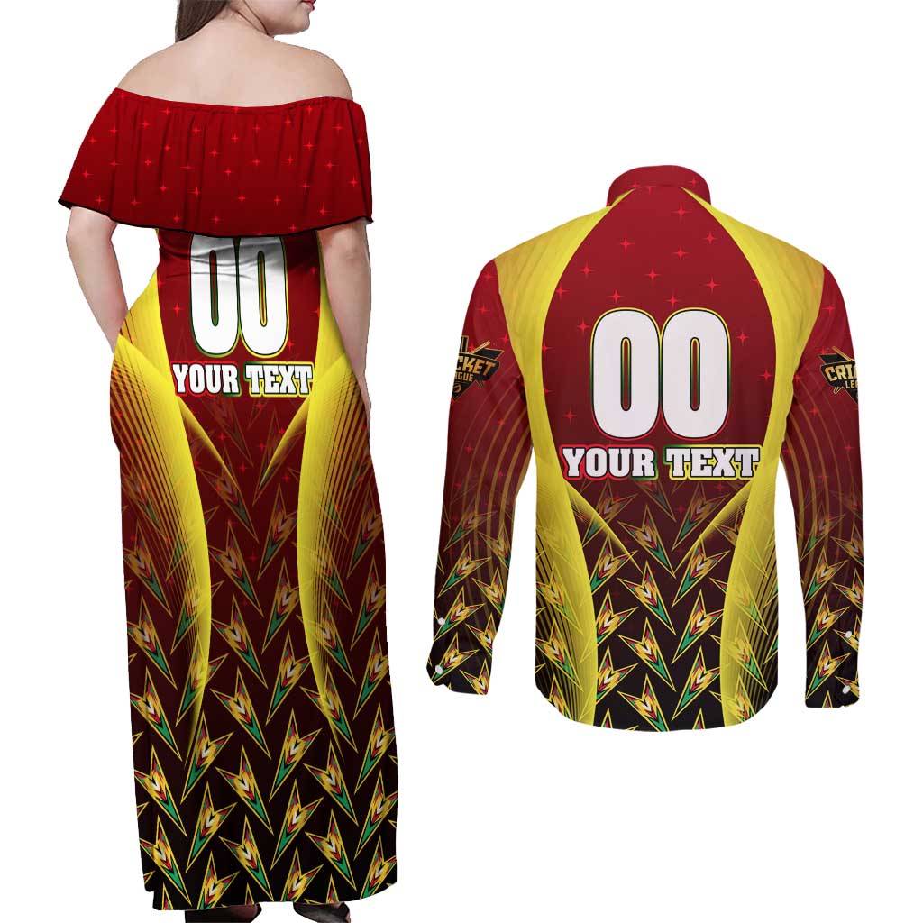 Personalised Guyana Cricket Amazon Warriors Couples Matching Off Shoulder Maxi Dress and Long Sleeve Button Shirt Unleashing the Power Battle Mode