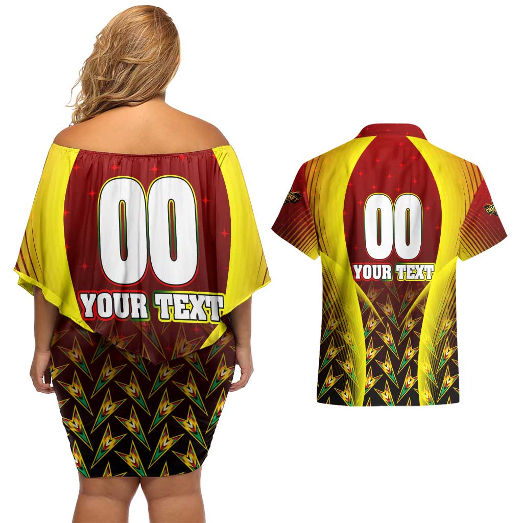 Personalised Guyana Cricket Amazon Warriors Couples Matching Off Shoulder Short Dress and Hawaiian Shirt Unleashing the Power Battle Mode