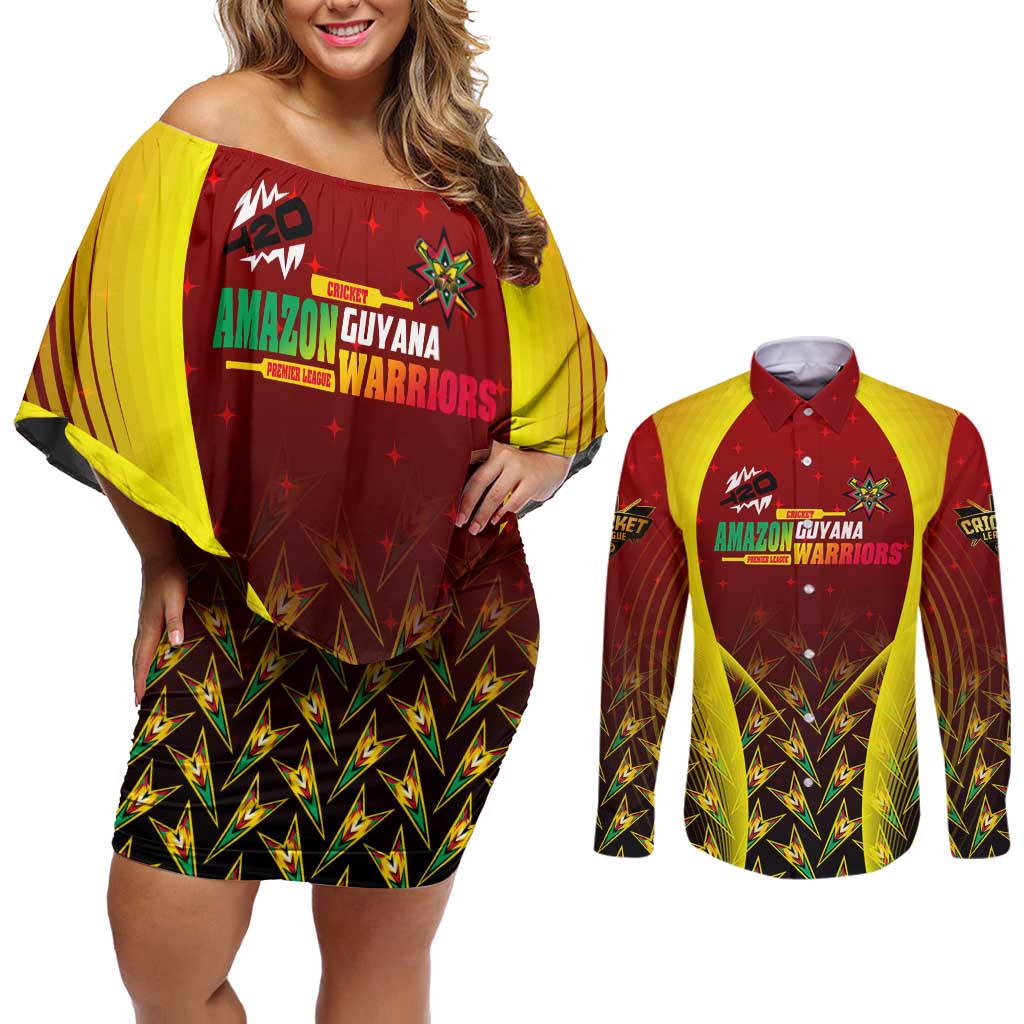 Personalised Guyana Cricket Amazon Warriors Couples Matching Off Shoulder Short Dress and Long Sleeve Button Shirt Unleashing the Power Battle Mode