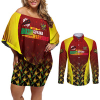 Personalised Guyana Cricket Amazon Warriors Couples Matching Off Shoulder Short Dress and Long Sleeve Button Shirt Unleashing the Power Battle Mode
