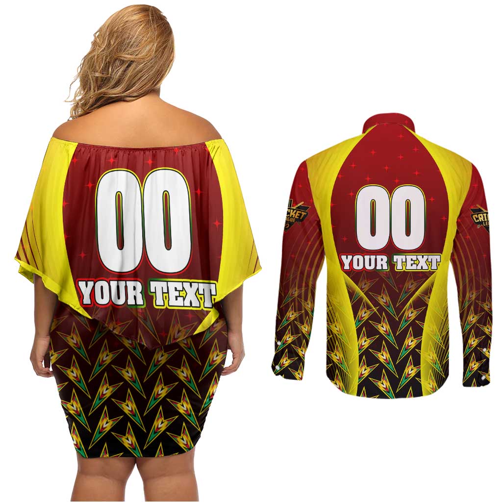 Personalised Guyana Cricket Amazon Warriors Couples Matching Off Shoulder Short Dress and Long Sleeve Button Shirt Unleashing the Power Battle Mode