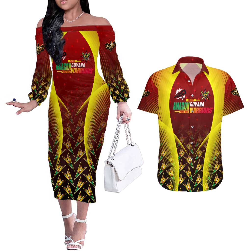 Personalised Guyana Cricket Amazon Warriors Couples Matching Off The Shoulder Long Sleeve Dress and Hawaiian Shirt Unleashing the Power Battle Mode