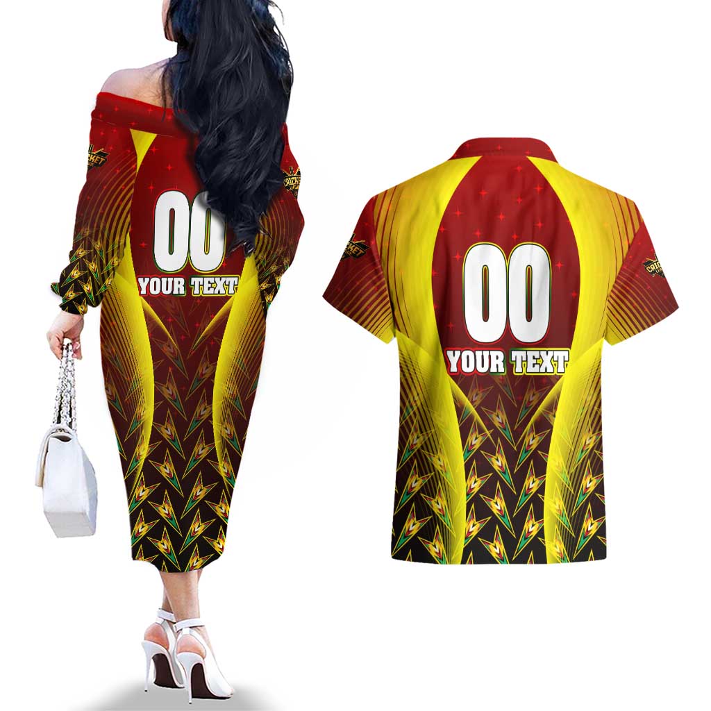 Personalised Guyana Cricket Amazon Warriors Couples Matching Off The Shoulder Long Sleeve Dress and Hawaiian Shirt Unleashing the Power Battle Mode