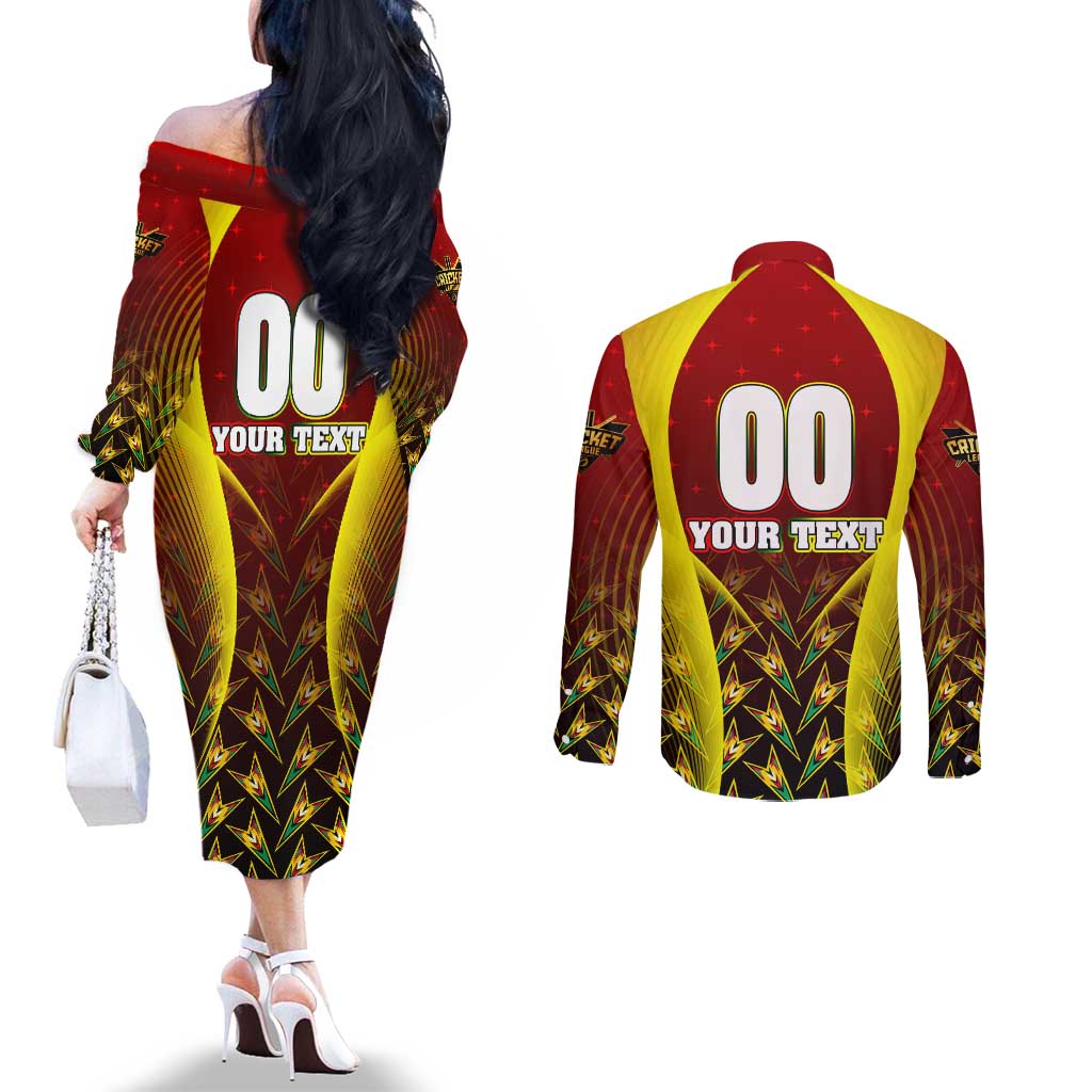 Personalised Guyana Cricket Amazon Warriors Couples Matching Off The Shoulder Long Sleeve Dress and Long Sleeve Button Shirt Unleashing the Power Battle Mode