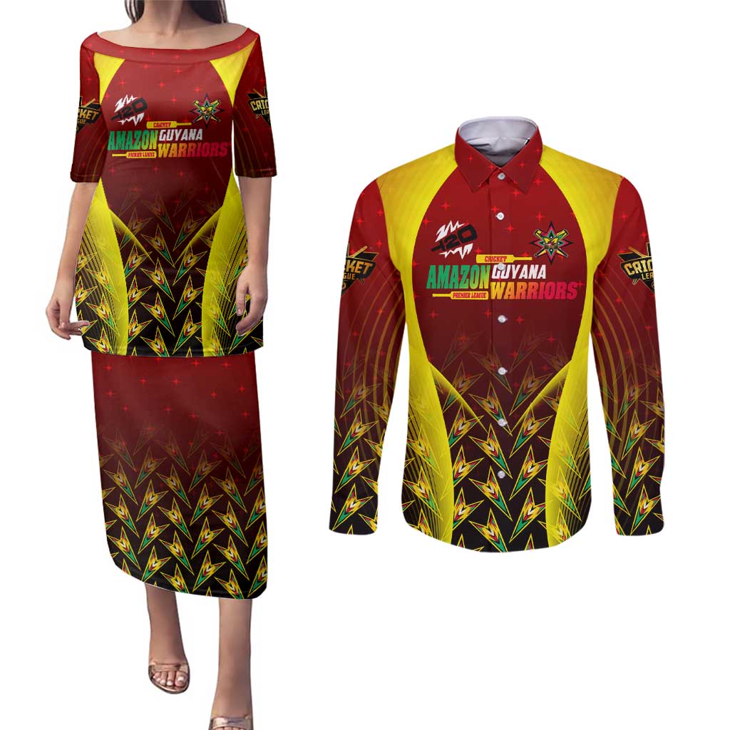 Personalised Guyana Cricket Amazon Warriors Couples Matching Puletasi and Long Sleeve Button Shirt Unleashing the Power Battle Mode