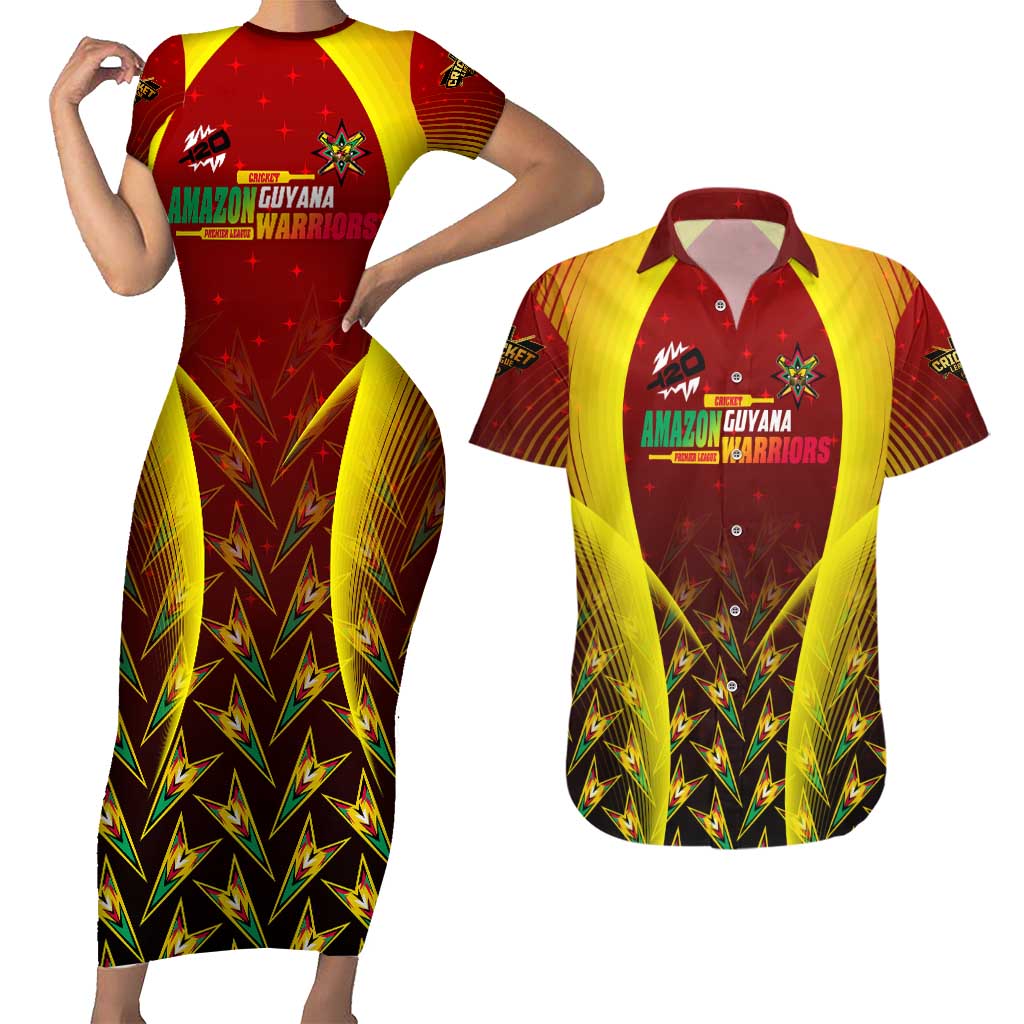 Personalised Guyana Cricket Amazon Warriors Couples Matching Short Sleeve Bodycon Dress and Hawaiian Shirt Unleashing the Power Battle Mode