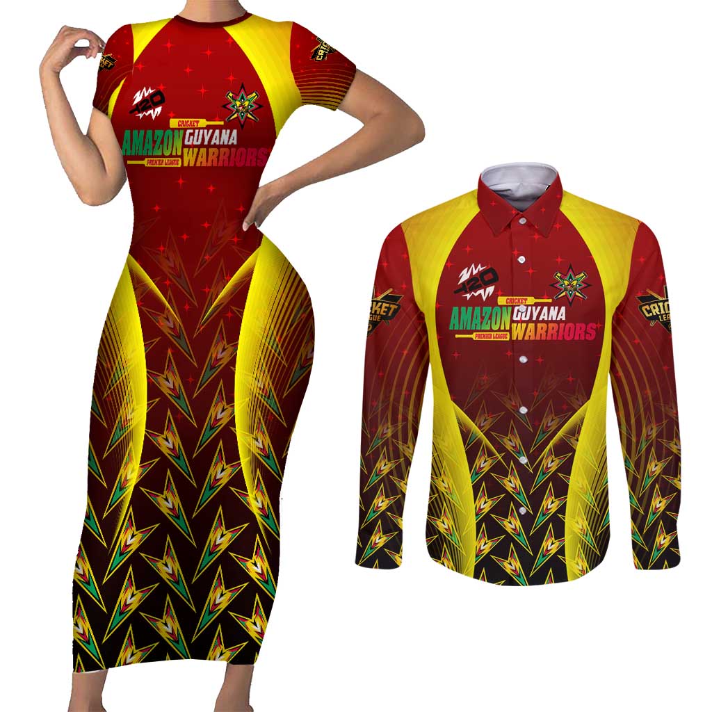 Personalised Guyana Cricket Amazon Warriors Couples Matching Short Sleeve Bodycon Dress and Long Sleeve Button Shirt Unleashing the Power Battle Mode