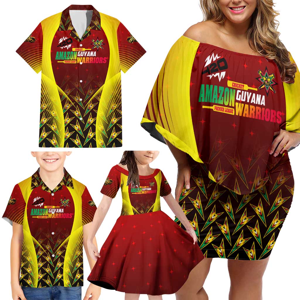 Personalised Guyana Cricket Amazon Warriors Family Matching Off Shoulder Short Dress and Hawaiian Shirt Unleashing the Power Battle Mode