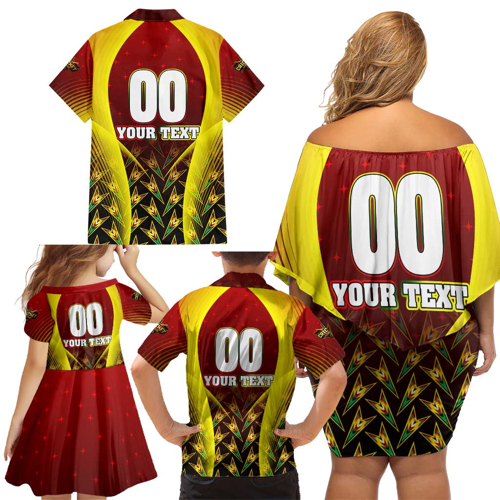 Personalised Guyana Cricket Amazon Warriors Family Matching Off Shoulder Short Dress and Hawaiian Shirt Unleashing the Power Battle Mode