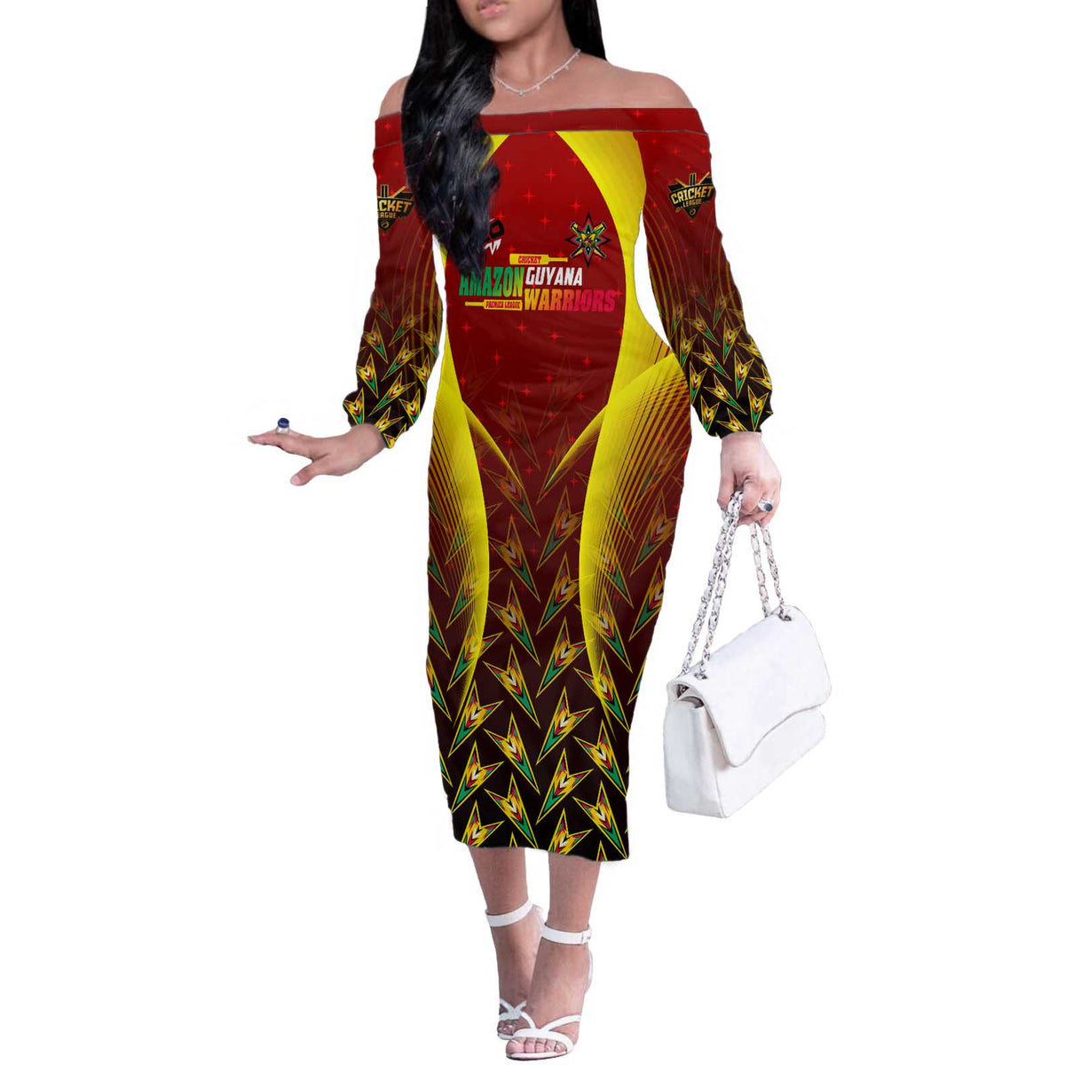 Personalised Guyana Cricket Amazon Warriors Off The Shoulder Long Sleeve Dress Unleashing the Power Battle Mode