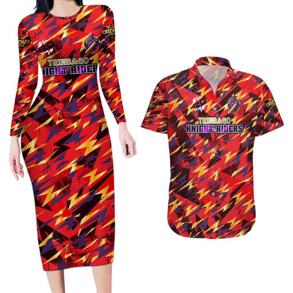 Personalised Trinidad and Tobago Cricket Knight Riders Couples Matching Long Sleeve Bodycon Dress and Hawaiian Shirt Trinbago’s Thunder Charge