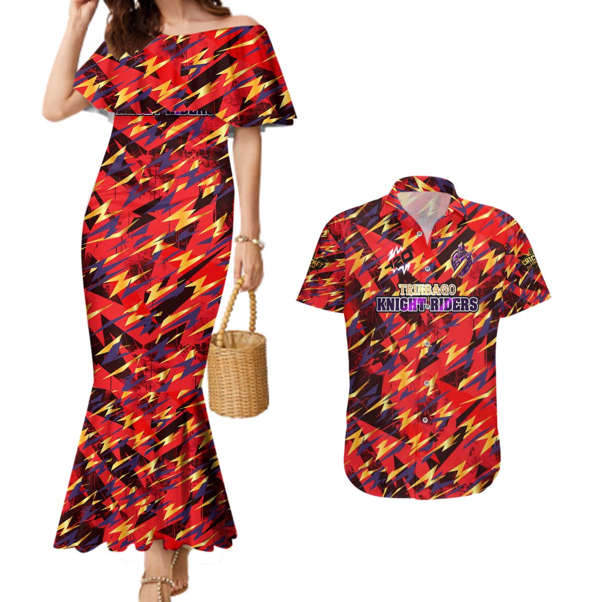 Personalised Trinidad and Tobago Cricket Knight Riders Couples Matching Mermaid Dress and Hawaiian Shirt Trinbago’s Thunder Charge