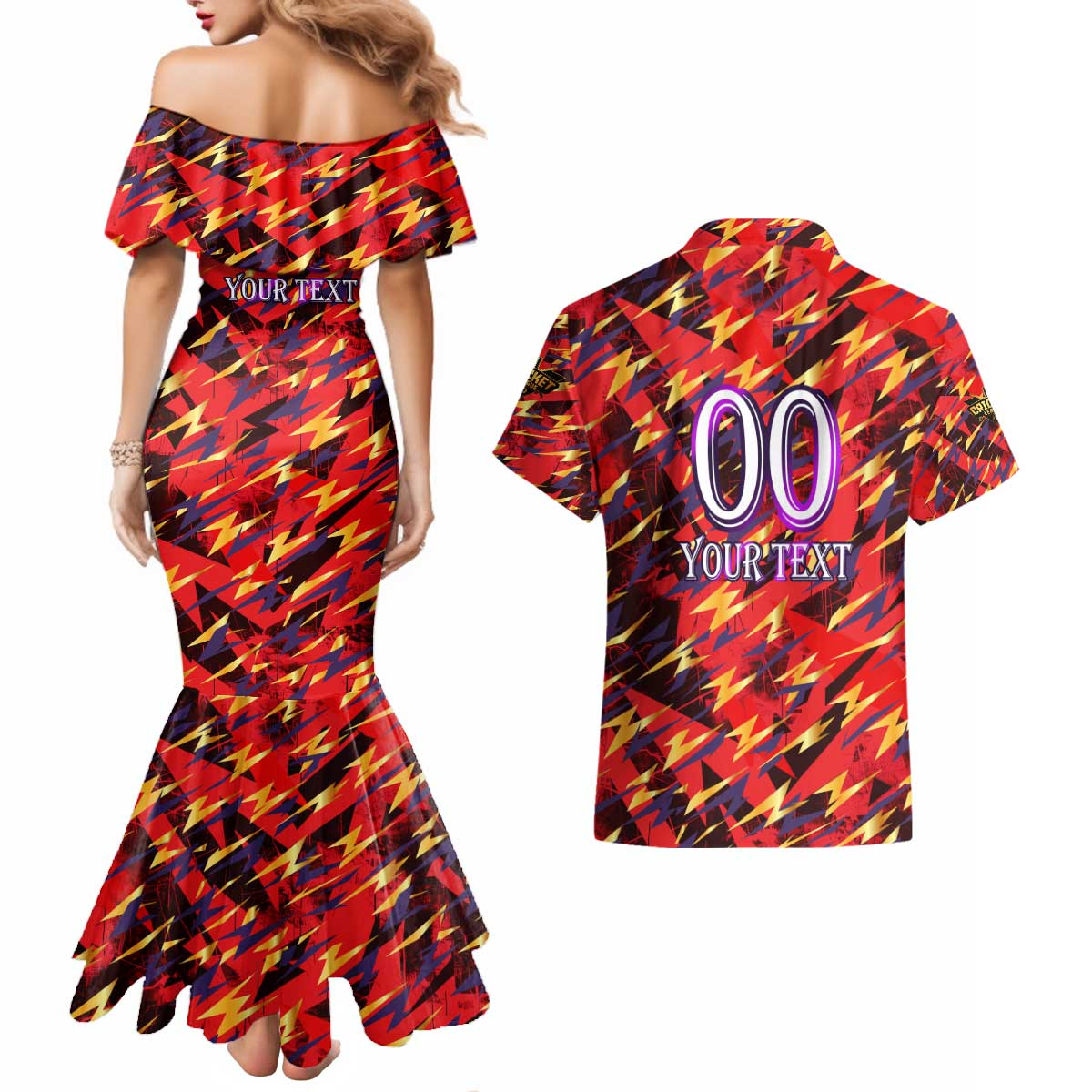 Personalised Trinidad and Tobago Cricket Knight Riders Couples Matching Mermaid Dress and Hawaiian Shirt Trinbago’s Thunder Charge