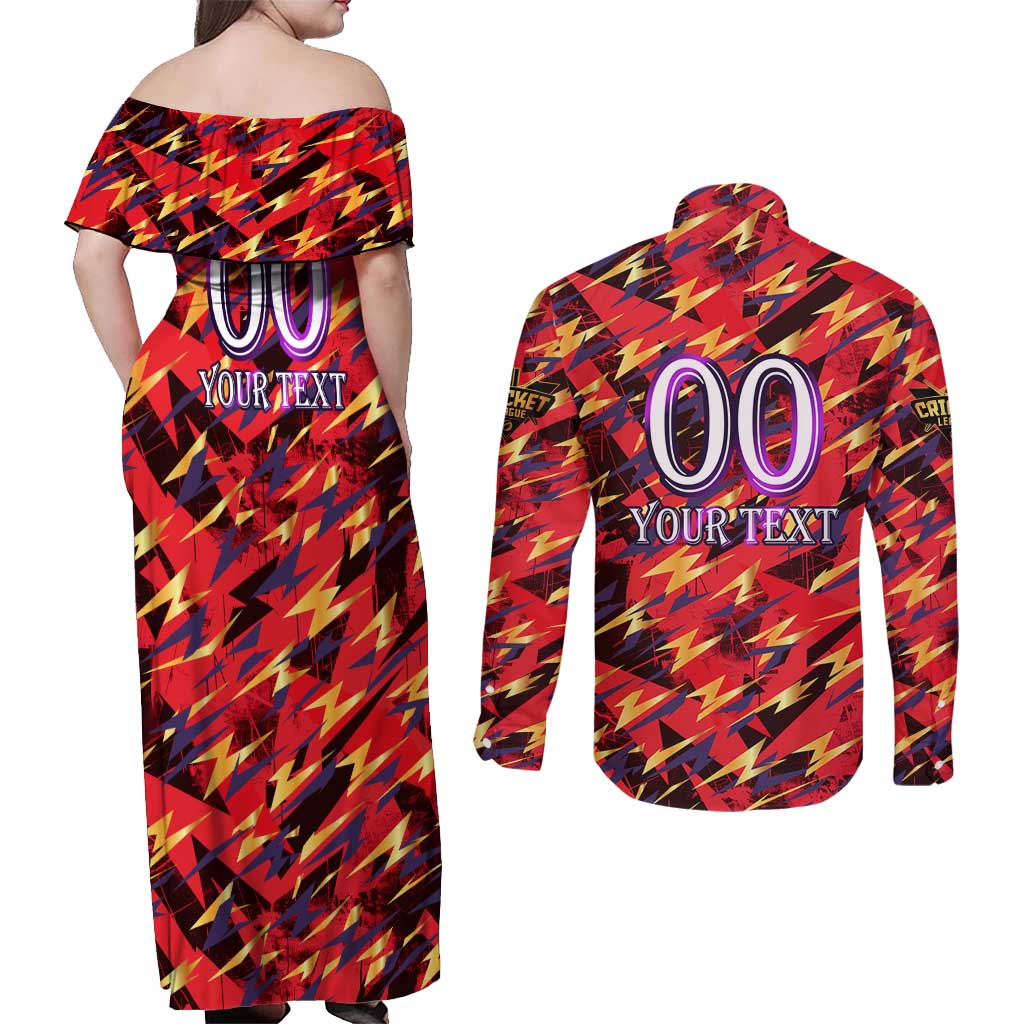 Personalised Trinidad and Tobago Cricket Knight Riders Couples Matching Off Shoulder Maxi Dress and Long Sleeve Button Shirt Trinbago’s Thunder Charge