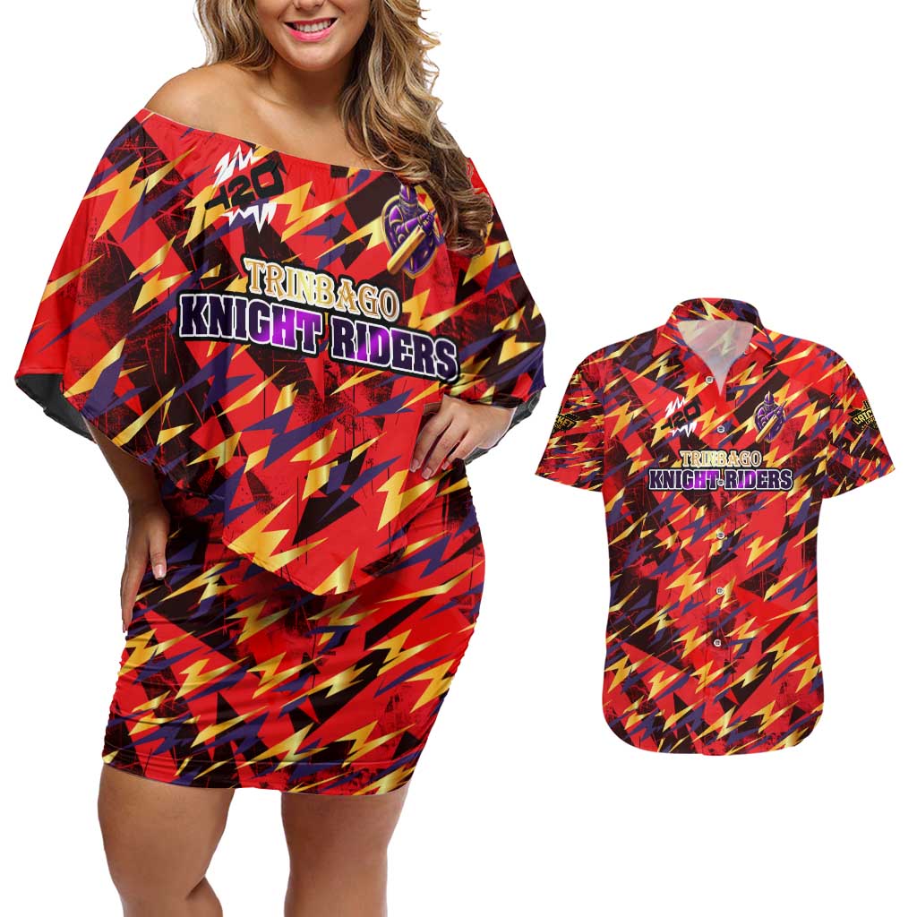 Personalised Trinidad and Tobago Cricket Knight Riders Couples Matching Off Shoulder Short Dress and Hawaiian Shirt Trinbago’s Thunder Charge