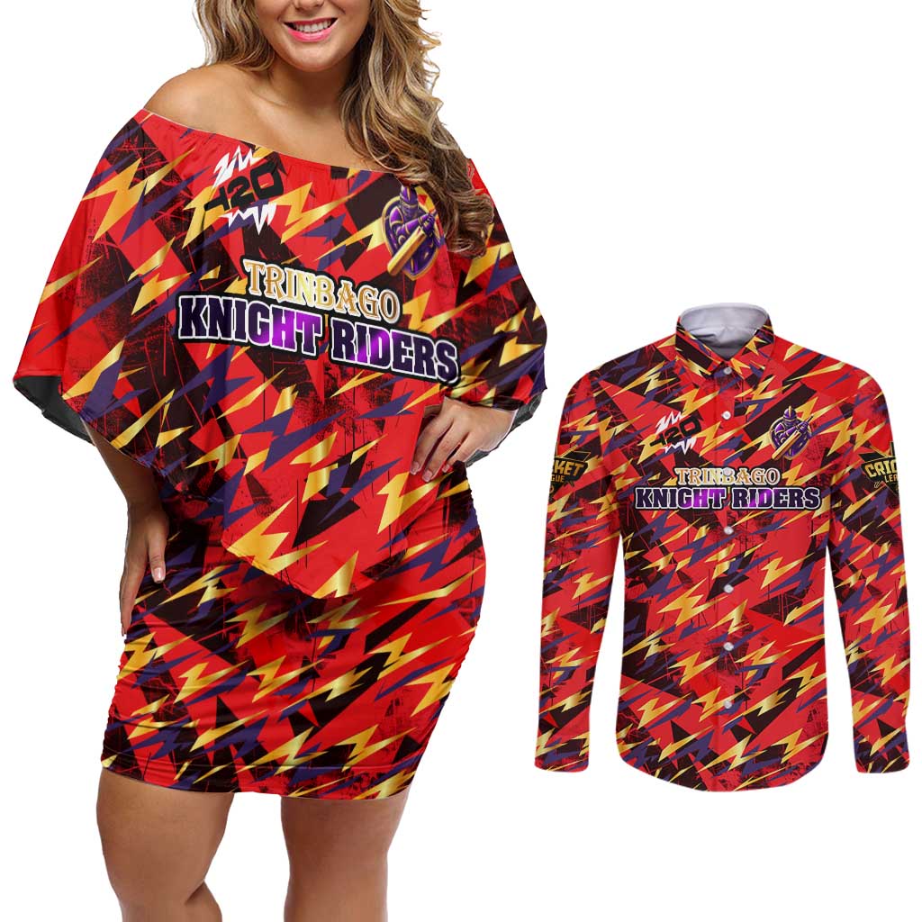Personalised Trinidad and Tobago Cricket Knight Riders Couples Matching Off Shoulder Short Dress and Long Sleeve Button Shirt Trinbago’s Thunder Charge