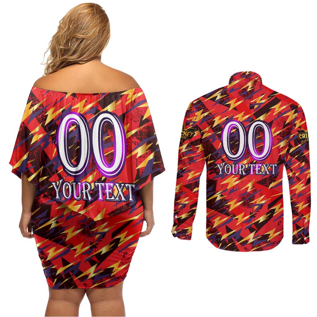 Personalised Trinidad and Tobago Cricket Knight Riders Couples Matching Off Shoulder Short Dress and Long Sleeve Button Shirt Trinbago’s Thunder Charge