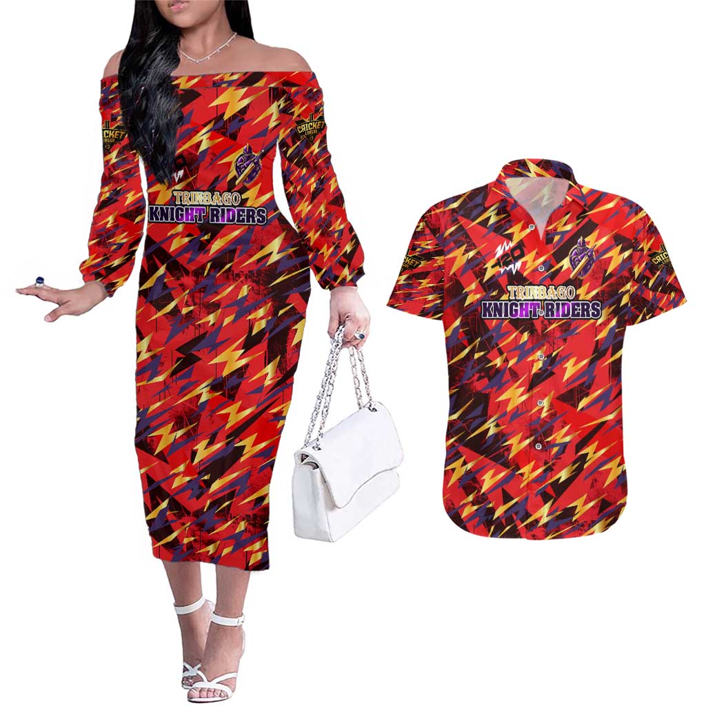 Personalised Trinidad and Tobago Cricket Knight Riders Couples Matching Off The Shoulder Long Sleeve Dress and Hawaiian Shirt Trinbago’s Thunder Charge