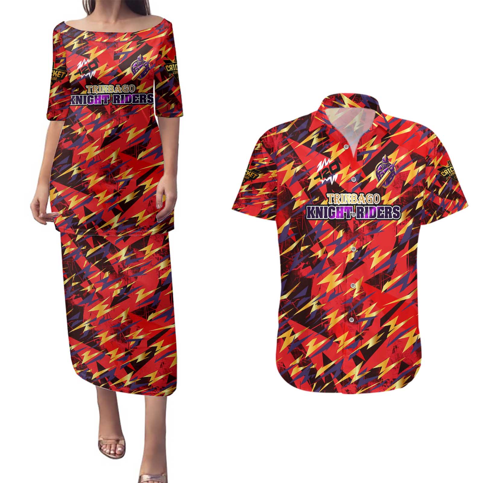 Personalised Trinidad and Tobago Cricket Knight Riders Couples Matching Puletasi and Hawaiian Shirt Trinbago’s Thunder Charge