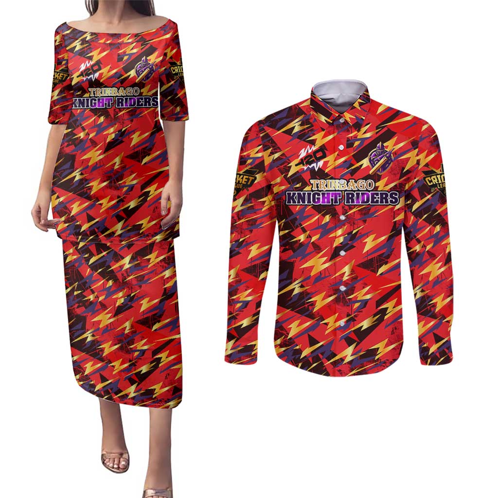 Personalised Trinidad and Tobago Cricket Knight Riders Couples Matching Puletasi and Long Sleeve Button Shirt Trinbago’s Thunder Charge