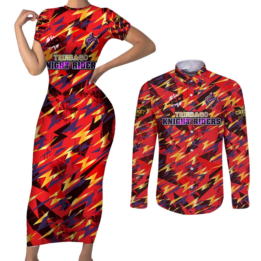 Personalised Trinidad and Tobago Cricket Knight Riders Couples Matching Short Sleeve Bodycon Dress and Long Sleeve Button Shirt Trinbago’s Thunder Charge