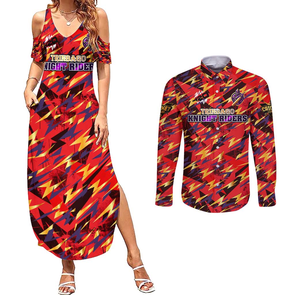 Personalised Trinidad and Tobago Cricket Knight Riders Couples Matching Summer Maxi Dress and Long Sleeve Button Shirt Trinbago’s Thunder Charge