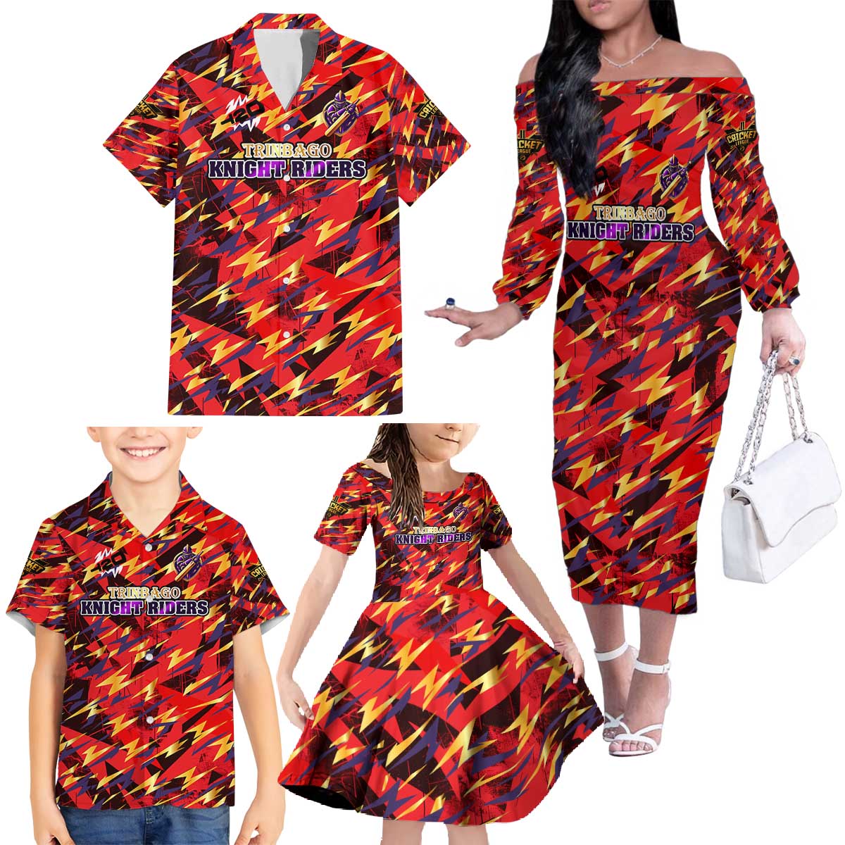 Personalised Trinidad and Tobago Cricket Knight Riders Family Matching Off The Shoulder Long Sleeve Dress and Hawaiian Shirt Trinbago’s Thunder Charge