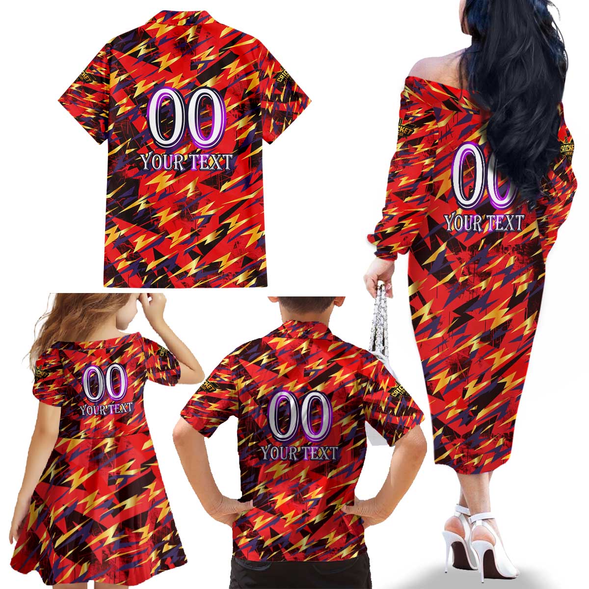 Personalised Trinidad and Tobago Cricket Knight Riders Family Matching Off The Shoulder Long Sleeve Dress and Hawaiian Shirt Trinbago’s Thunder Charge