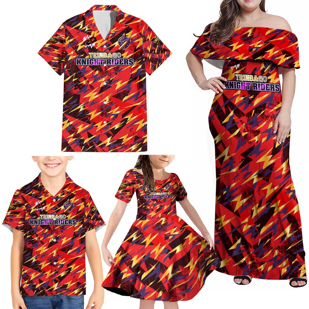 Personalised Trinidad and Tobago Cricket Knight Riders Family Matching Off Shoulder Maxi Dress and Hawaiian Shirt Trinbago’s Thunder Charge