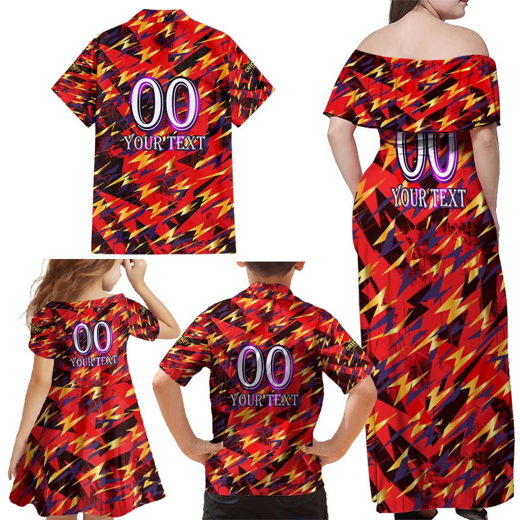 Personalised Trinidad and Tobago Cricket Knight Riders Family Matching Off Shoulder Maxi Dress and Hawaiian Shirt Trinbago’s Thunder Charge
