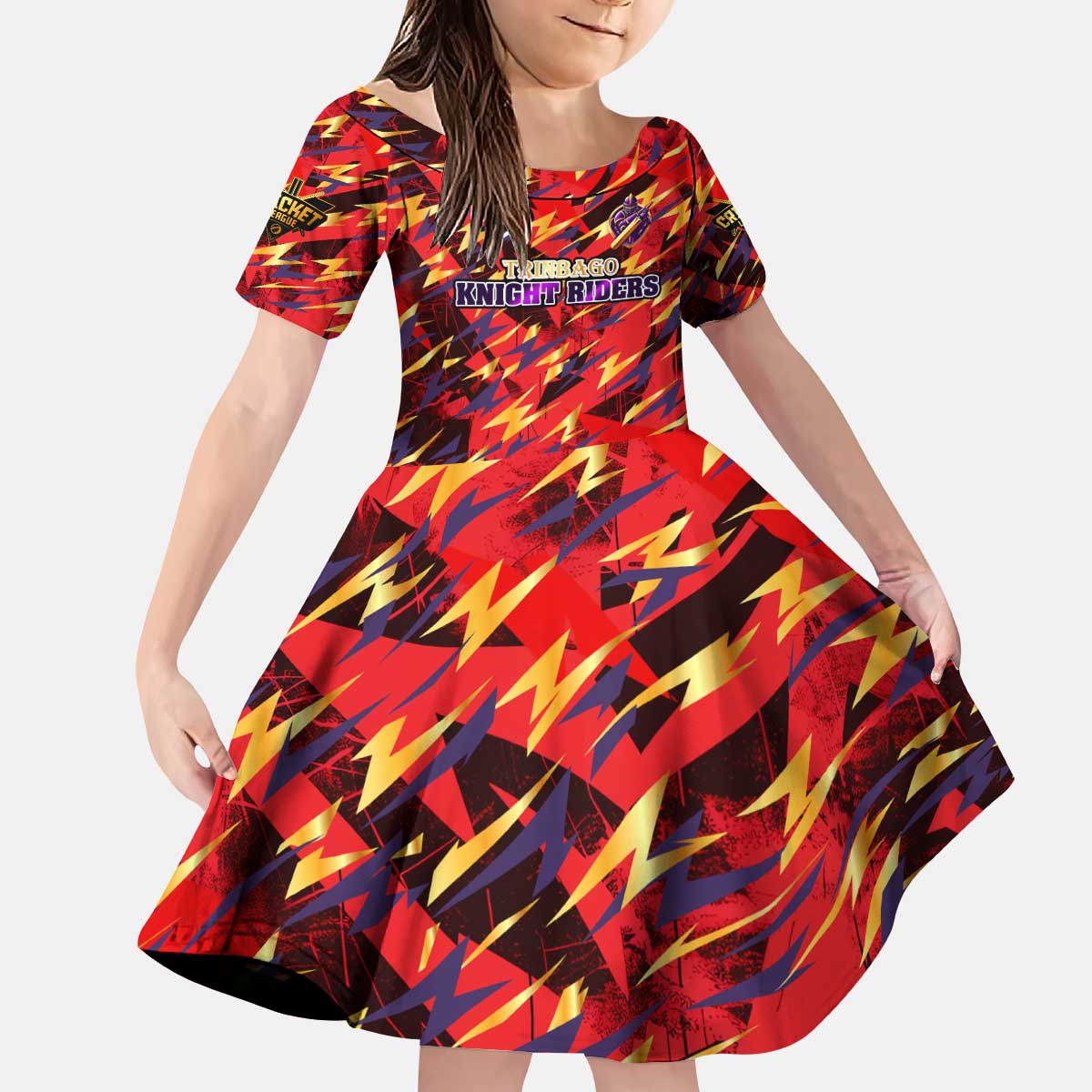 Personalised Trinidad and Tobago Cricket Knight Riders Kid Short Sleeve Dress Trinbago’s Thunder Charge