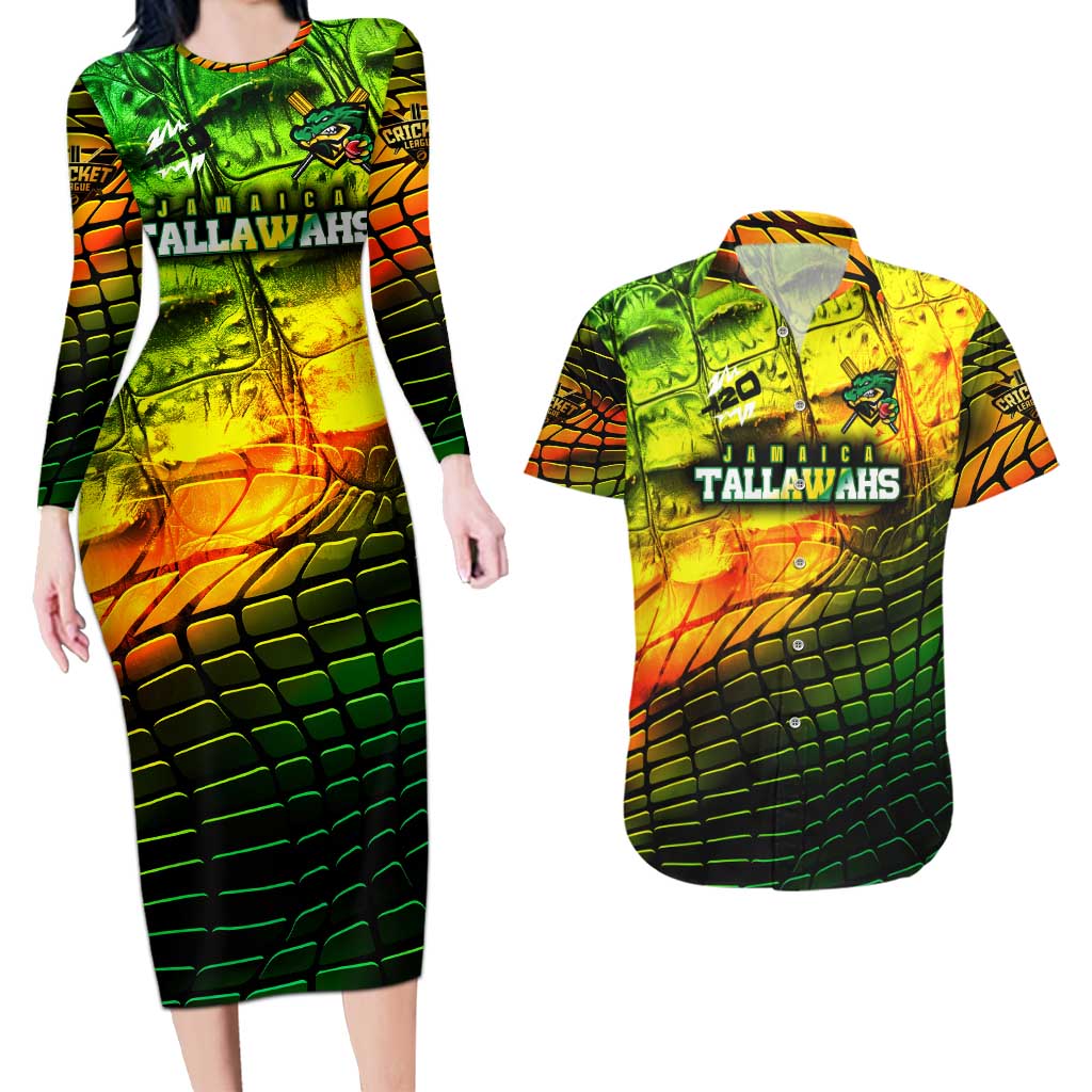 Personalised Jamaica Cricket Tallawahs Couples Matching Long Sleeve Bodycon Dress and Hawaiian Shirt Striking with Reggae Firepower