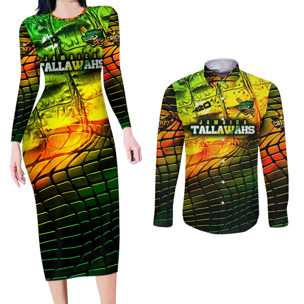Personalised Jamaica Cricket Tallawahs Couples Matching Long Sleeve Bodycon Dress and Long Sleeve Button Shirt Striking with Reggae Firepower