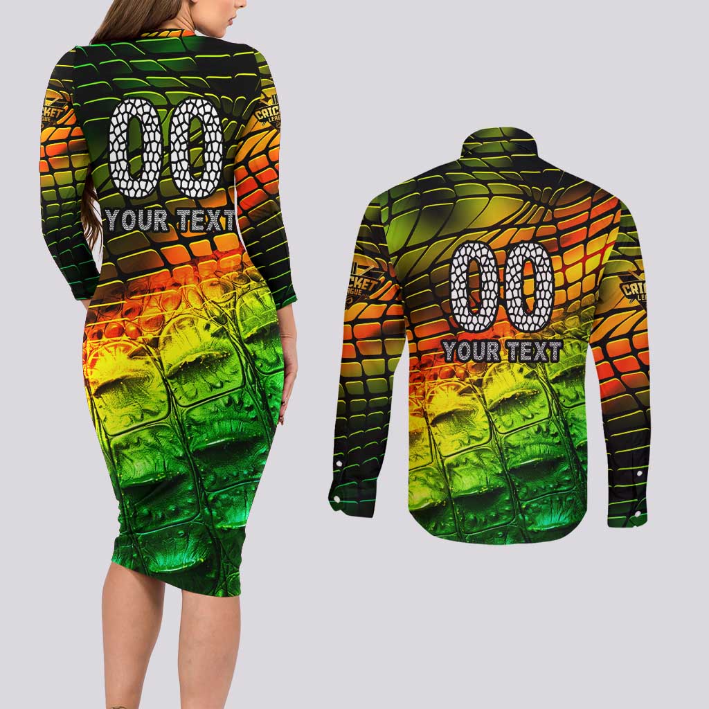 Personalised Jamaica Cricket Tallawahs Couples Matching Long Sleeve Bodycon Dress and Long Sleeve Button Shirt Striking with Reggae Firepower
