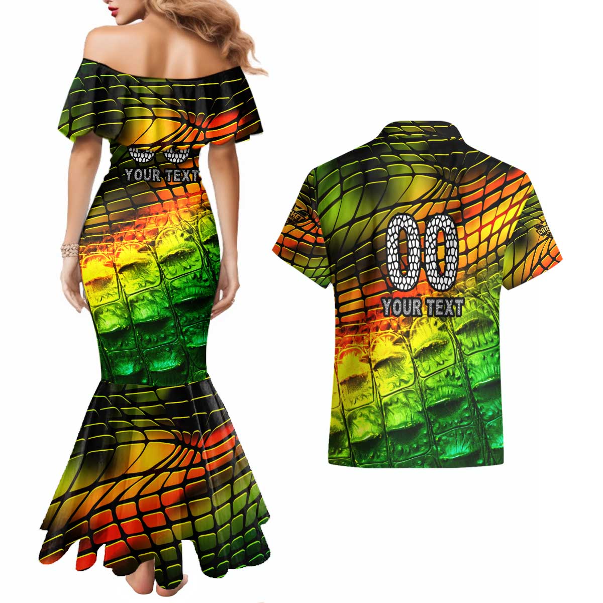 Personalised Jamaica Cricket Tallawahs Couples Matching Mermaid Dress and Hawaiian Shirt Striking with Reggae Firepower