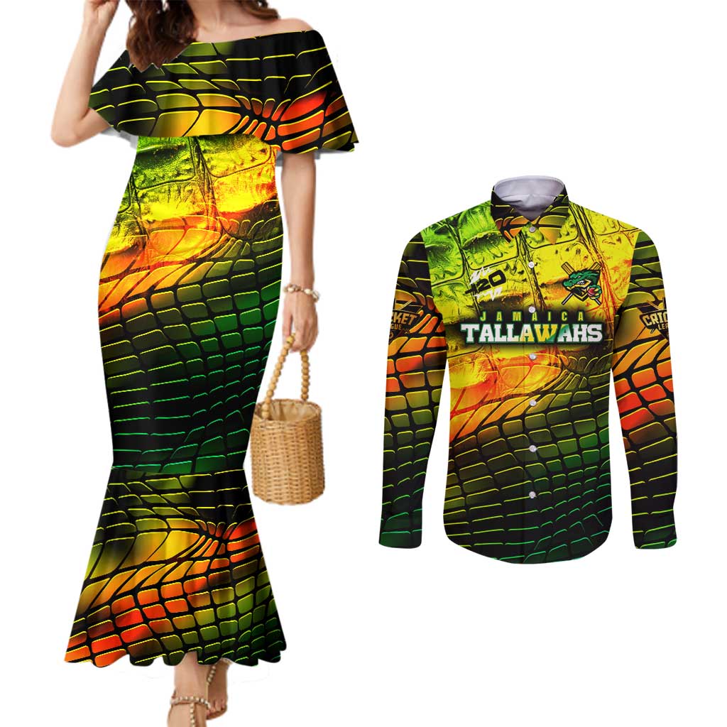 Personalised Jamaica Cricket Tallawahs Couples Matching Mermaid Dress and Long Sleeve Button Shirt Striking with Reggae Firepower