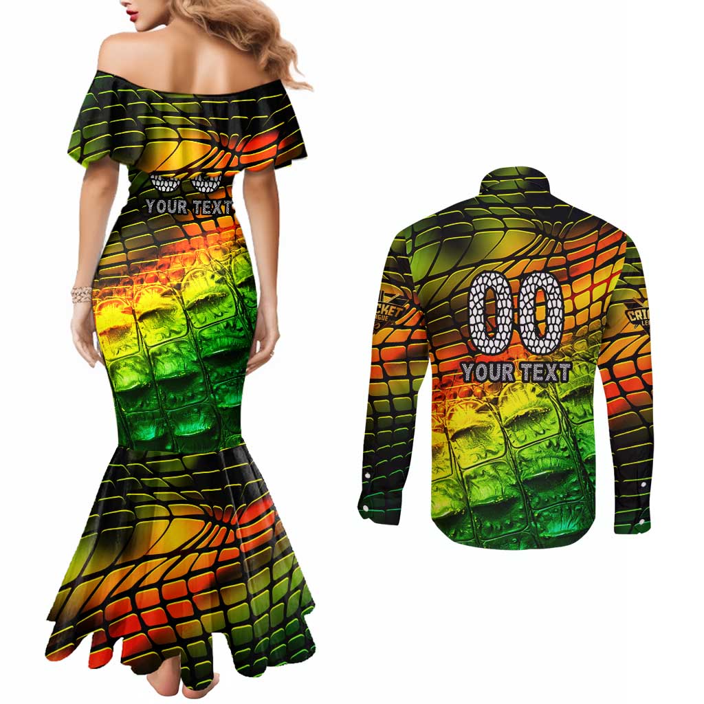 Personalised Jamaica Cricket Tallawahs Couples Matching Mermaid Dress and Long Sleeve Button Shirt Striking with Reggae Firepower
