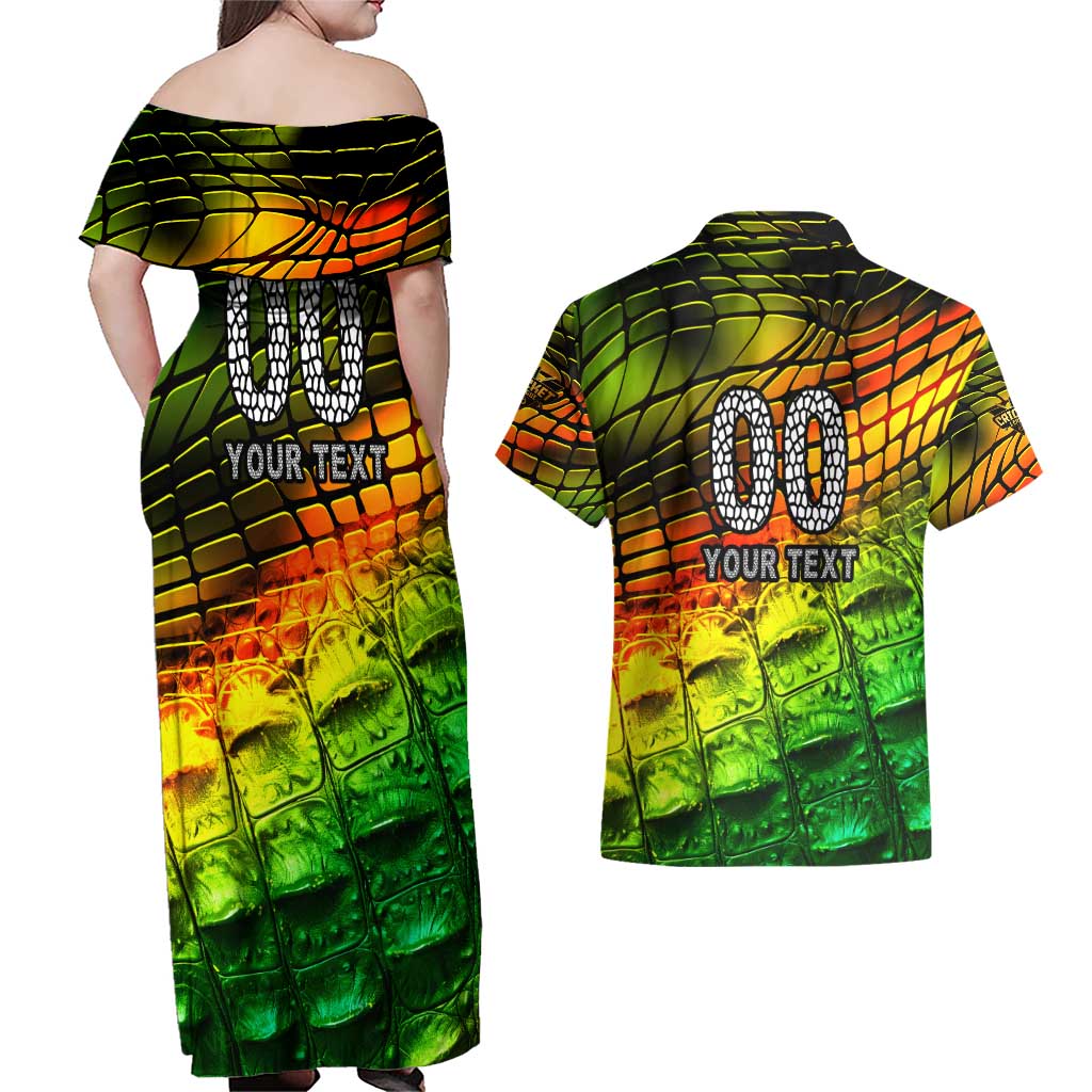 Personalised Jamaica Cricket Tallawahs Couples Matching Off Shoulder Maxi Dress and Hawaiian Shirt Striking with Reggae Firepower