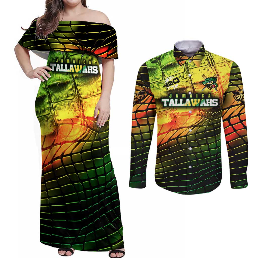 Personalised Jamaica Cricket Tallawahs Couples Matching Off Shoulder Maxi Dress and Long Sleeve Button Shirt Striking with Reggae Firepower