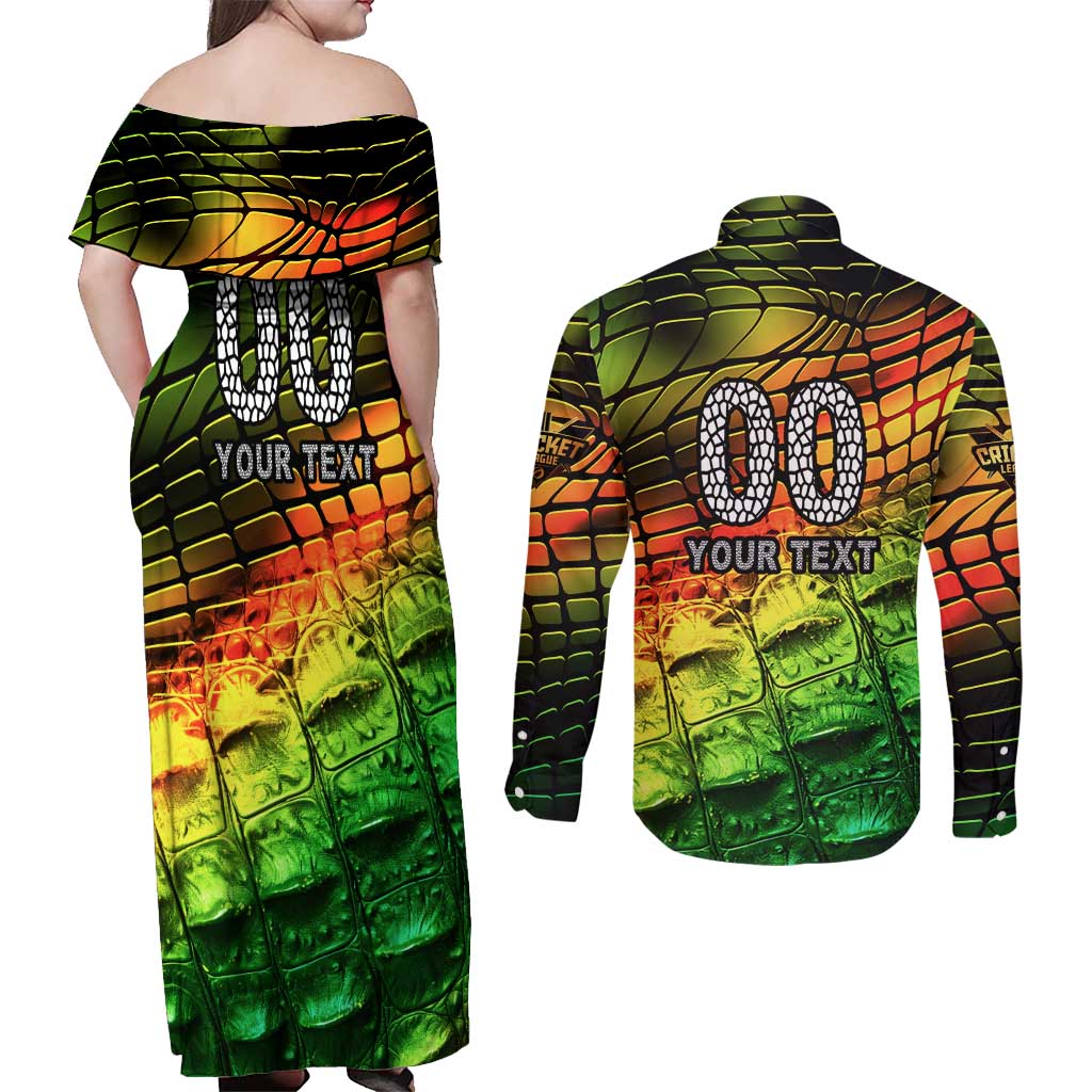 Personalised Jamaica Cricket Tallawahs Couples Matching Off Shoulder Maxi Dress and Long Sleeve Button Shirt Striking with Reggae Firepower